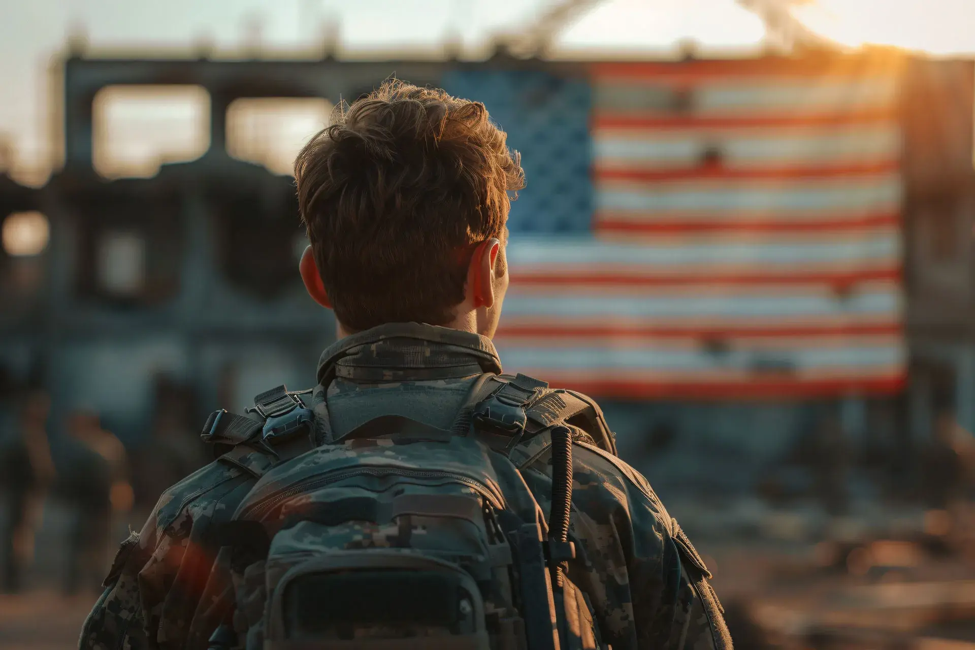 soldier looking at an american flag